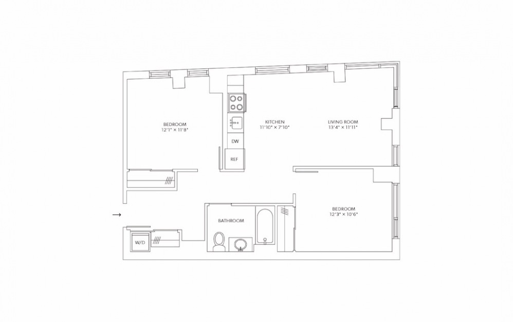 B1L 2 Bedroom 1 Bath Floorplan