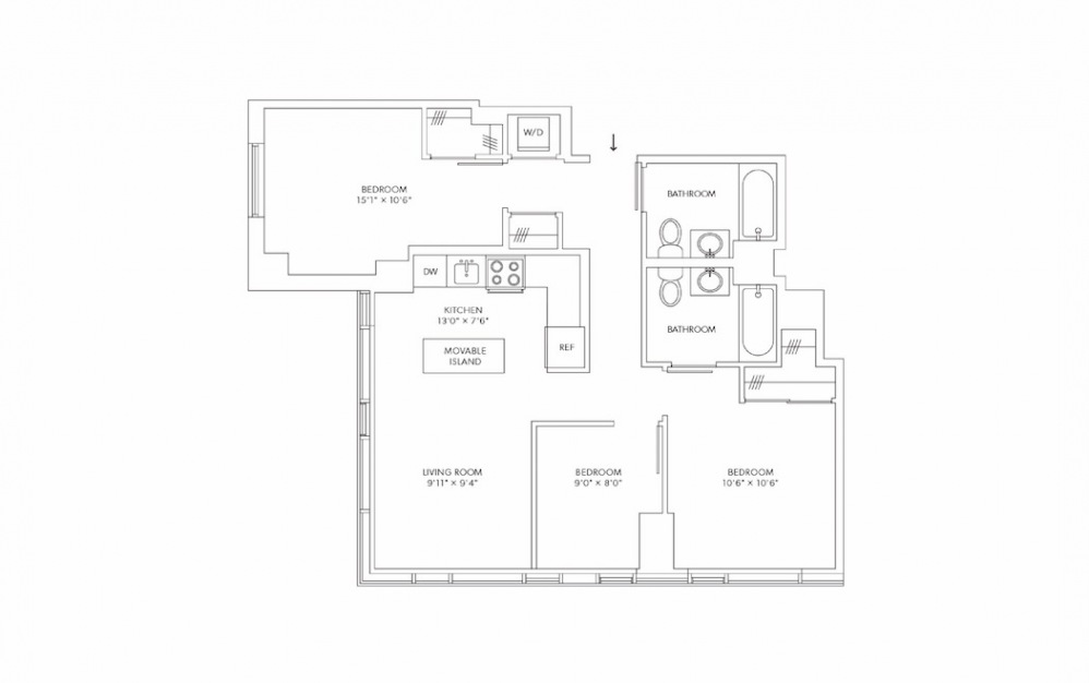 C1 3 Bedroom 2 Bath Floorplan